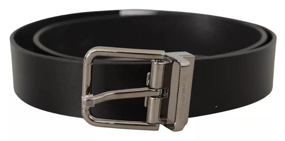 Dolce & Gabbana Black Calf Leather Logo Engraved Metal Buckle Belt - Hilstor
