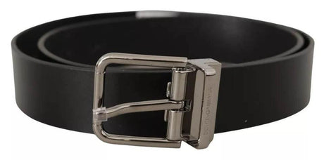 Dolce & Gabbana Black Calf Leather Logo Engraved Metal Buckle Belt - Hilstor