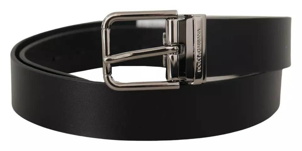 Dolce & Gabbana Black Calf Leather Logo Engraved Metal Buckle Belt - Hilstor