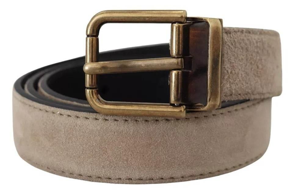 Dolce & Gabbana Beige Velvet Leather Gold Tone Metal Buckle Belt - Hilstor