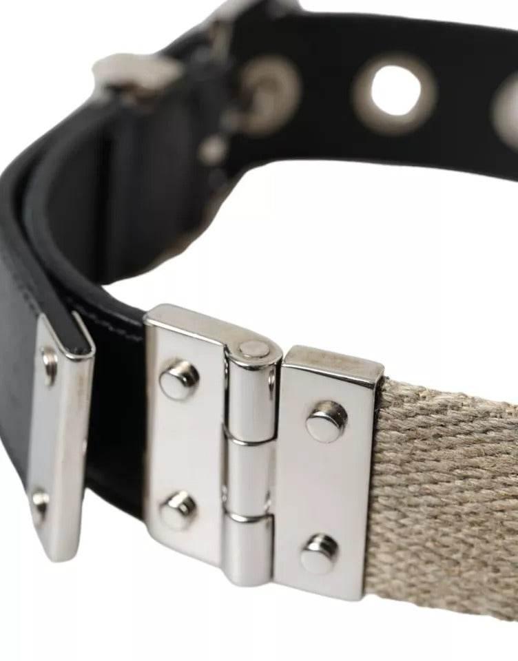 Dolce & Gabbana Black Leather Beige Strap Silver Metal Buckle Belt - Hilstor