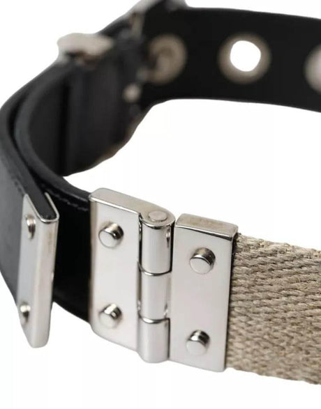 Dolce & Gabbana Black Leather Beige Strap Silver Metal Buckle Belt - Hilstor