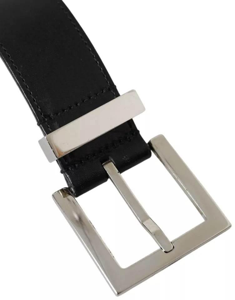 Dolce & Gabbana Black Leather Beige Strap Silver Metal Buckle Belt - Hilstor