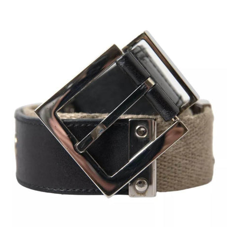 Dolce & Gabbana Black Leather Beige Strap Silver Metal Buckle Belt - Hilstor