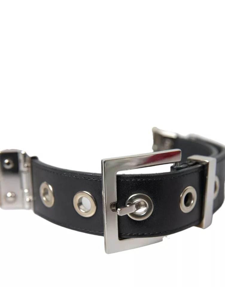 Dolce & Gabbana Black Leather Beige Strap Silver Metal Buckle Belt - Hilstor