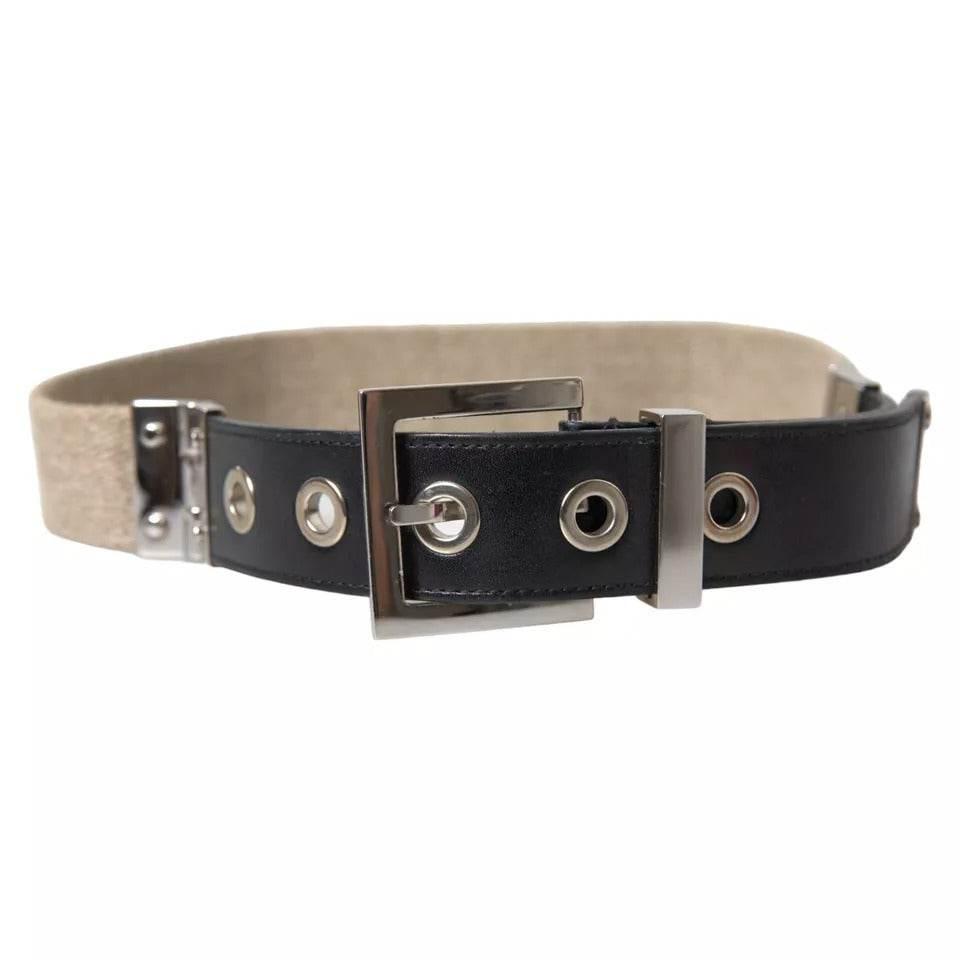 Dolce & Gabbana Black Leather Beige Strap Silver Metal Buckle Belt - Hilstor