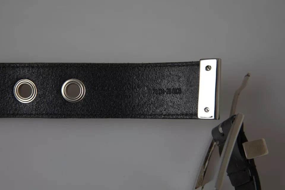 Dolce & Gabbana Black Leather Beige Strap Silver Metal Buckle Belt - Hilstor