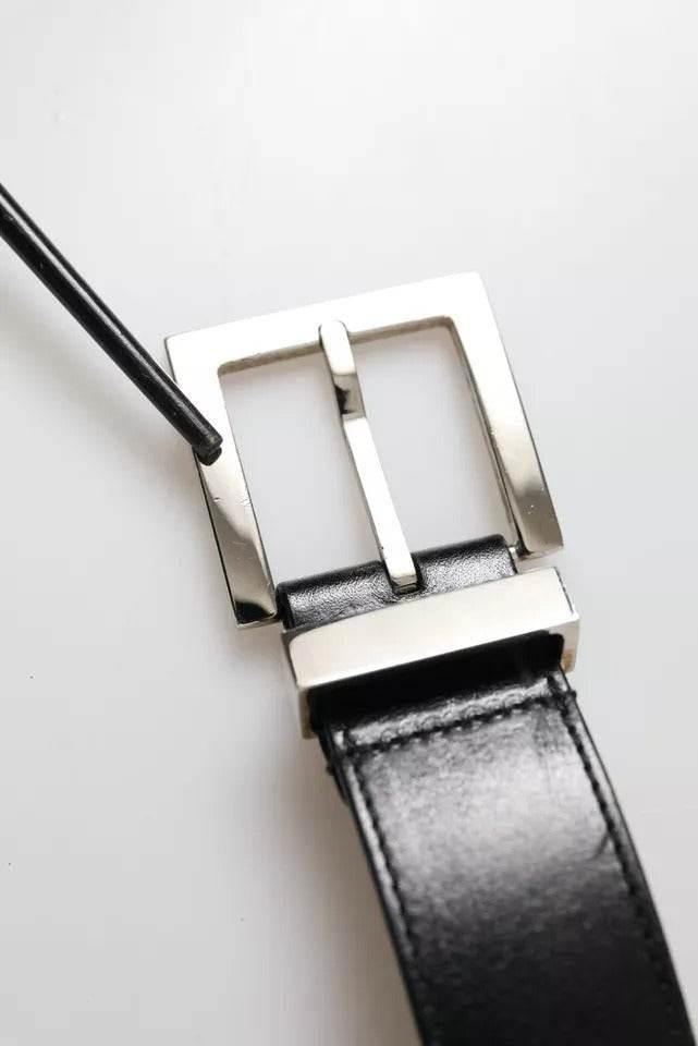 Dolce & Gabbana Black Leather Beige Strap Silver Metal Buckle Belt - Hilstor