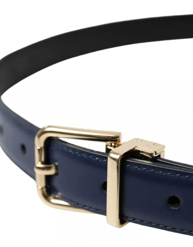Dolce & Gabbana Blue Leather Gold Metal Buckle Men Belt - Hilstor