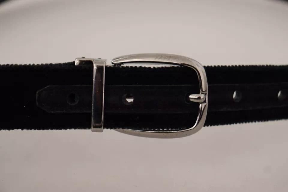 Dolce & Gabbana Black Velvet Silver Tone Metal Logo Buckle Belt - Hilstor