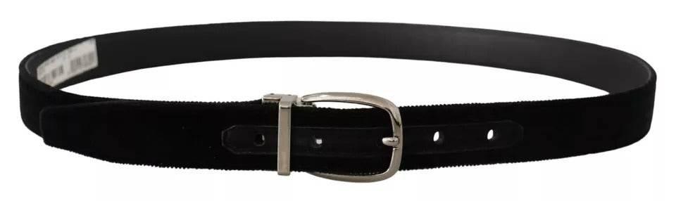 Dolce & Gabbana Black Velvet Silver Tone Metal Logo Buckle Belt - Hilstor