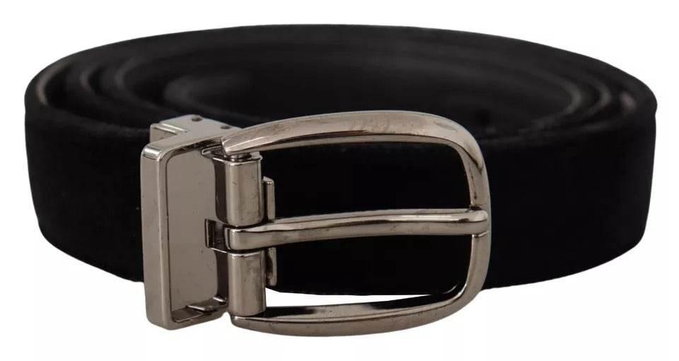 Dolce & Gabbana Black Velvet Silver Tone Metal Logo Buckle Belt - Hilstor