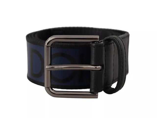 Dolce & Gabbana Blue Black Logo Print Silver Buckle Belt - Hilstor