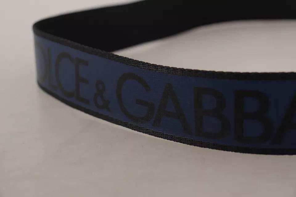 Dolce & Gabbana Blue Black Logo Print Silver Buckle Belt - Hilstor