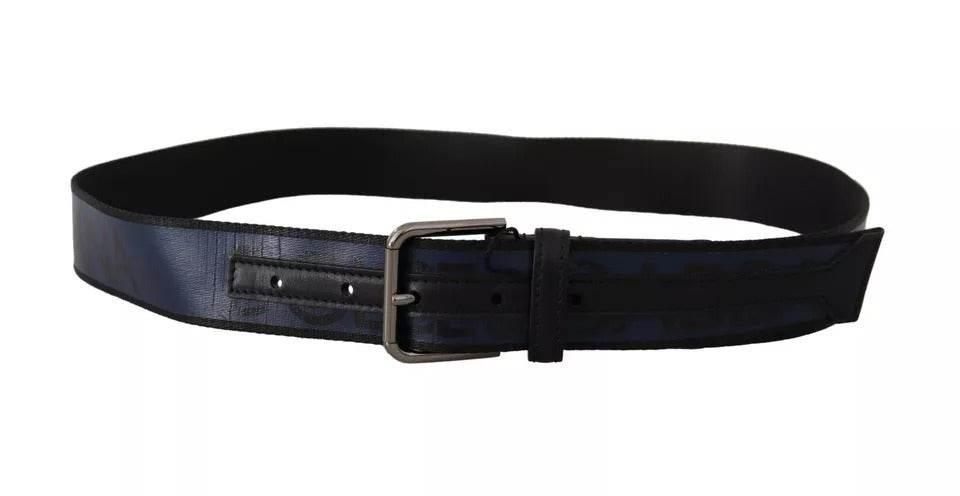 Dolce & Gabbana Blue Black Logo Print Silver Buckle Belt - Hilstor