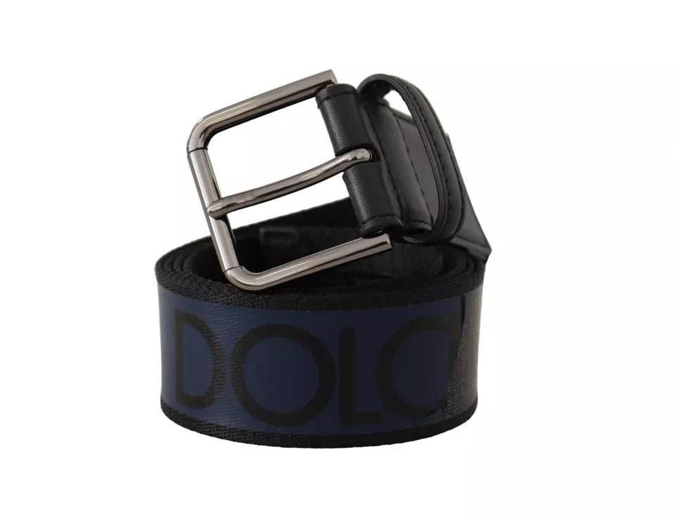 Dolce & Gabbana Blue Black Logo Print Silver Buckle Belt - Hilstor