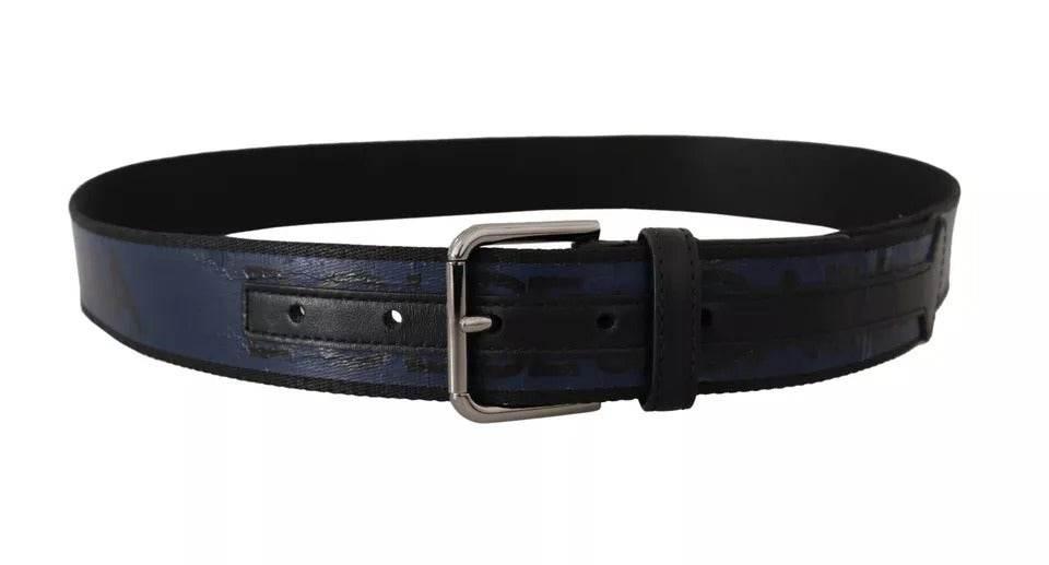 Dolce & Gabbana Blue Black Logo Print Silver Buckle Belt - Hilstor