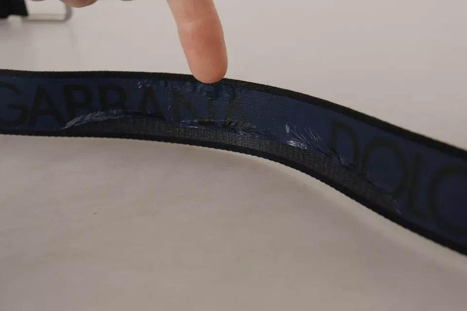 Dolce & Gabbana Blue Black Logo Print Silver Buckle Belt - Hilstor