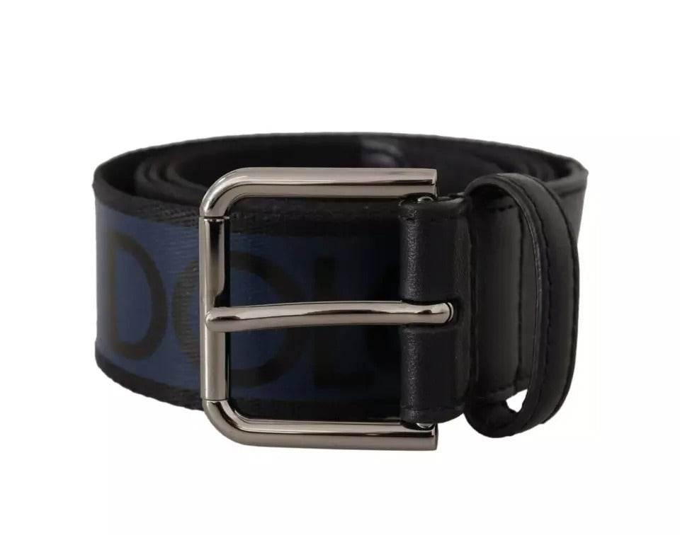 Dolce & Gabbana Blue Black Logo Print Silver Buckle Belt - Hilstor