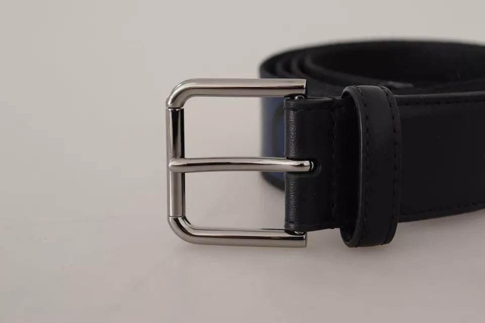 Dolce & Gabbana Blue Black Logo Print Silver Buckle Belt - Hilstor