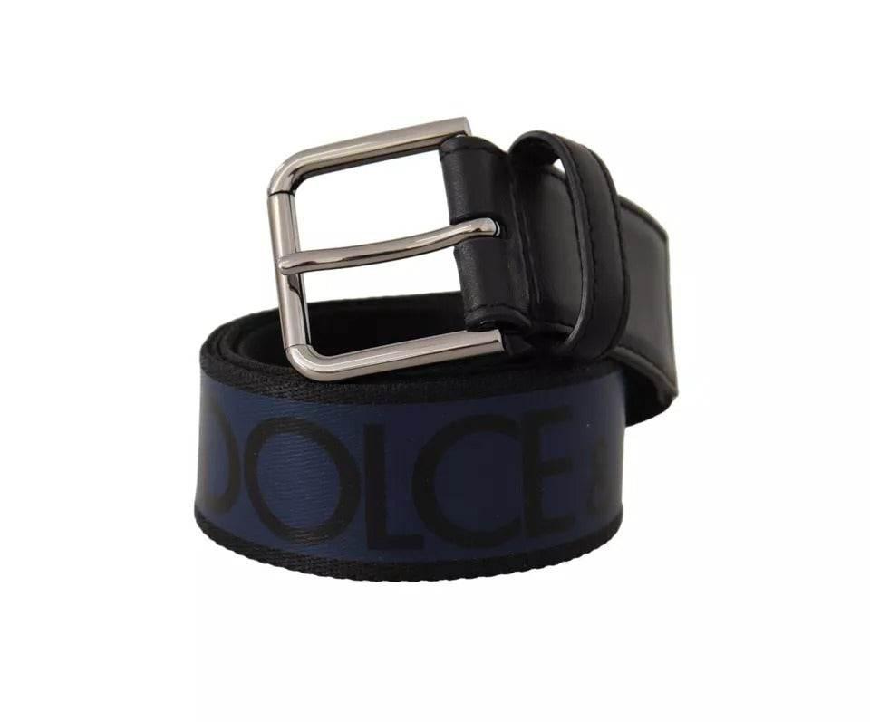 Dolce & Gabbana Blue Black Logo Print Silver Buckle Belt - Hilstor