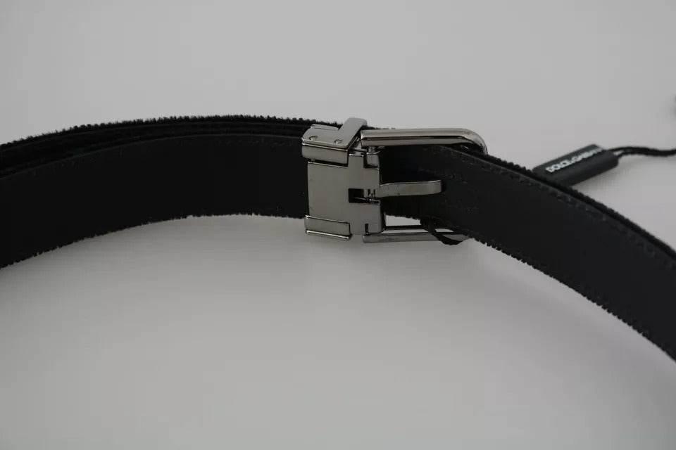 Dolce & Gabbana Black Velvet Leather Silver Buckle Belt - Hilstor
