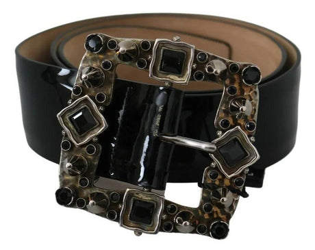 Dolce & Gabbana Black Shiny Leather Crystal Logo Buckle Belt - Hilstor