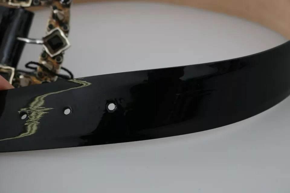 Dolce & Gabbana Black Shiny Leather Crystal Logo Buckle Belt - Hilstor