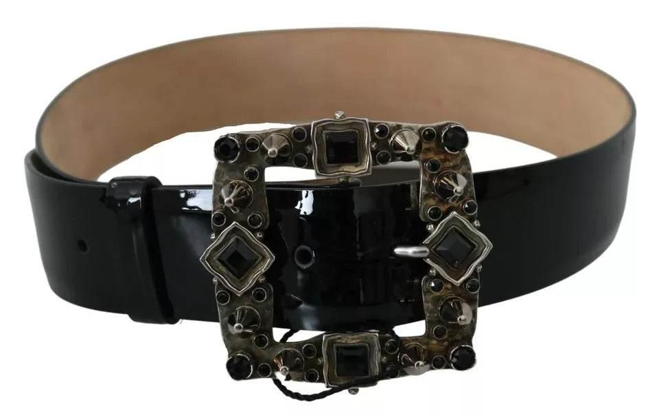 Dolce & Gabbana Black Shiny Leather Crystal Logo Buckle Belt - Hilstor