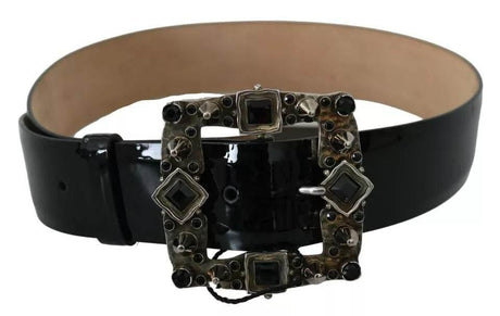 Dolce & Gabbana Black Shiny Leather Crystal Logo Buckle Belt - Hilstor