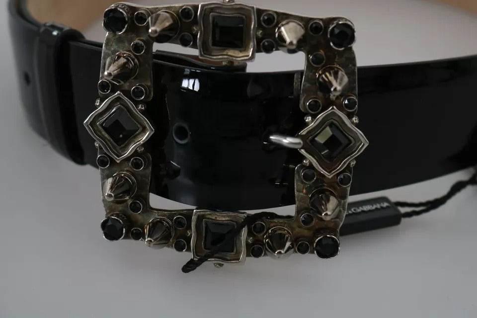 Dolce & Gabbana Black Shiny Leather Crystal Logo Buckle Belt - Hilstor