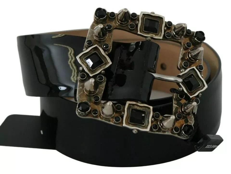 Dolce & Gabbana Black Shiny Leather Crystal Logo Buckle Belt - Hilstor