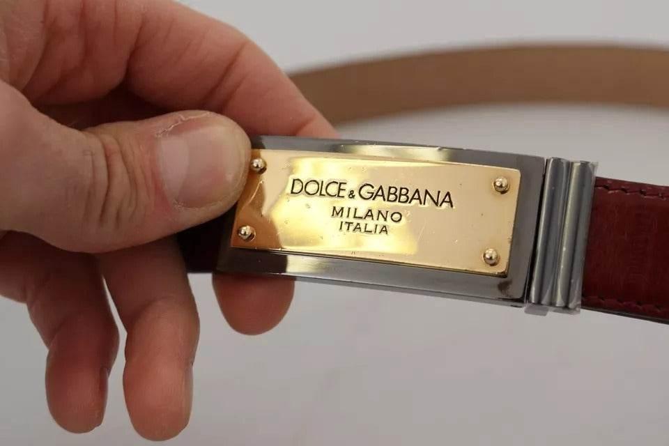 Dolce & Gabbana Brown Leather Gold Engraved Metal Buckle Belt - Hilstor