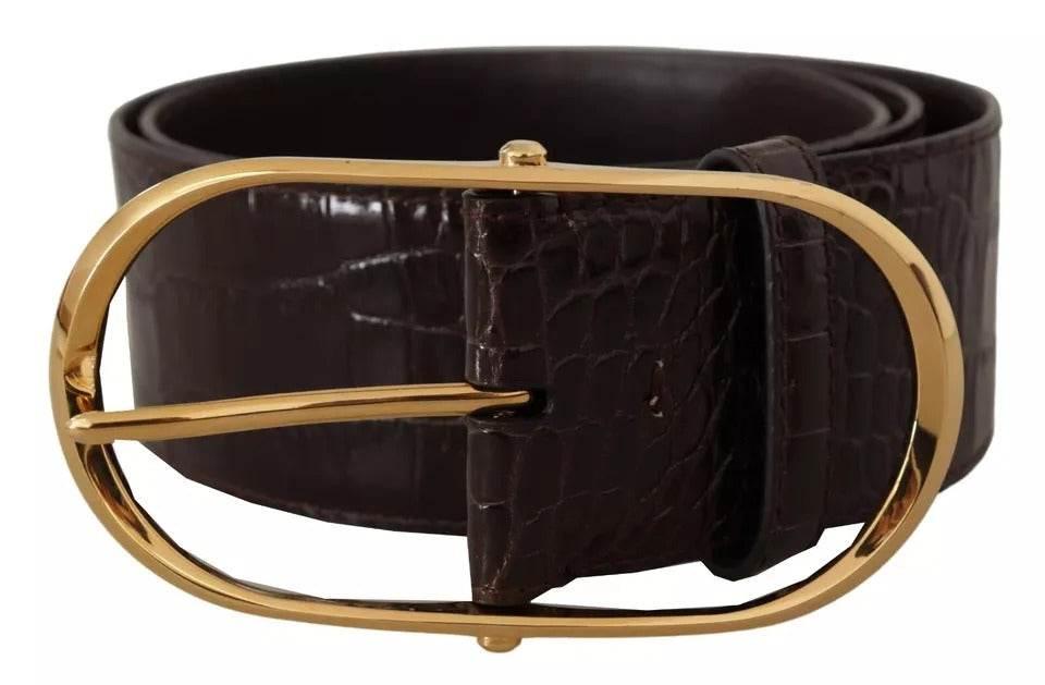 Dolce & Gabbana Brown Crocodile Pattern Leather Gold Oval Buckle Belt - Hilstor