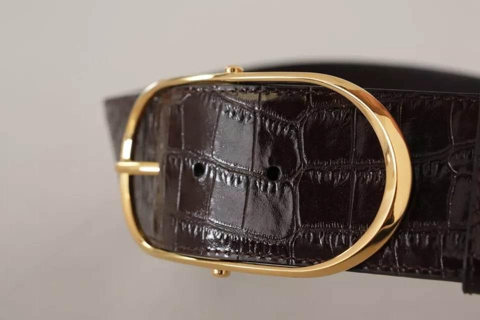 Dolce & Gabbana Brown Crocodile Pattern Leather Gold Oval Buckle Belt - Hilstor