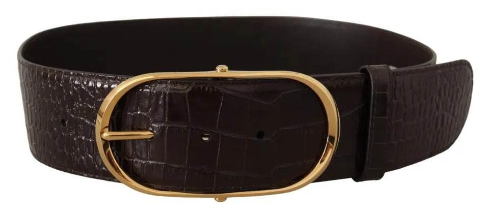 Dolce & Gabbana Brown Crocodile Pattern Leather Gold Oval Buckle Belt - Hilstor