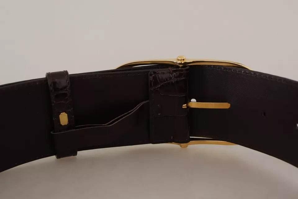 Dolce & Gabbana Brown Crocodile Pattern Leather Gold Oval Buckle Belt - Hilstor