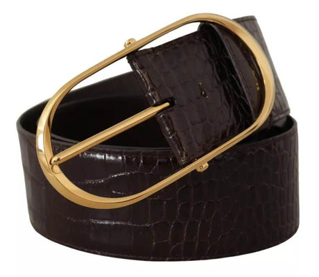 Dolce & Gabbana Brown Crocodile Pattern Leather Gold Oval Buckle Belt - Hilstor
