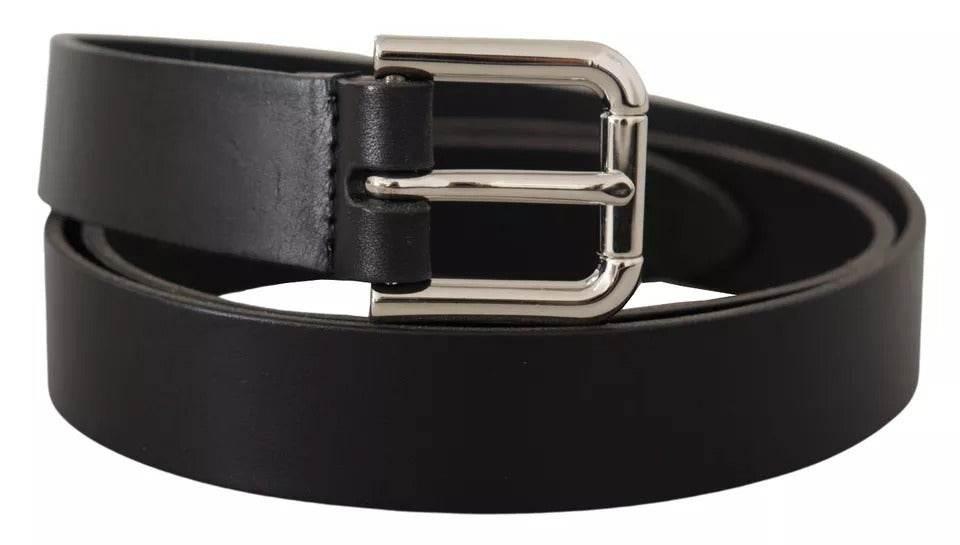 Dolce & Gabbana Black Leather Silver Tone Metal Buckle Classic Belt - Hilstor