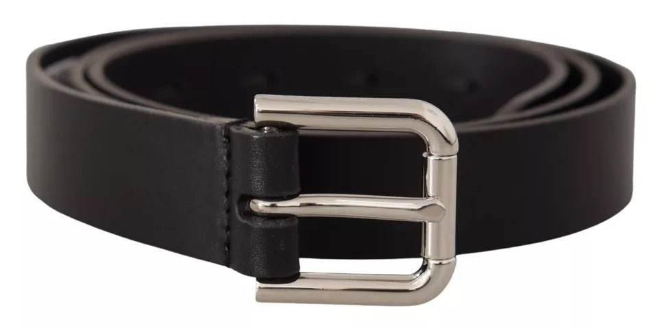 Dolce & Gabbana Black Leather Silver Tone Metal Buckle Classic Belt - Hilstor