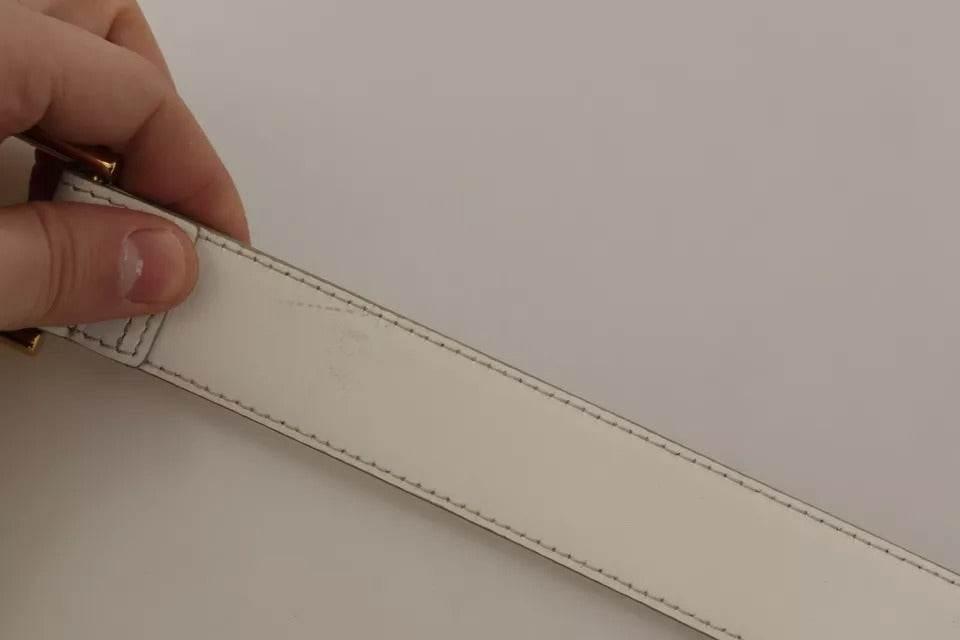 Dolce & Gabbana White Leather Gold Logo Engraved Metal Buckle Belt - Hilstor