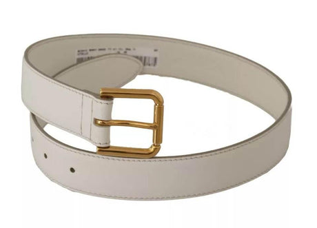 Dolce & Gabbana White Leather Gold Logo Engraved Metal Buckle Belt - Hilstor