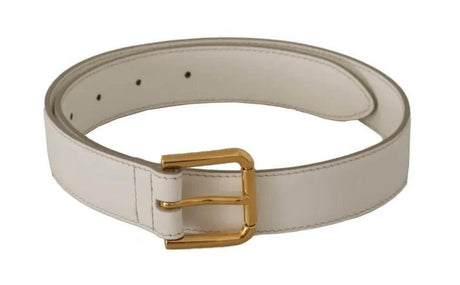 Dolce & Gabbana White Leather Gold Logo Engraved Metal Buckle Belt - Hilstor