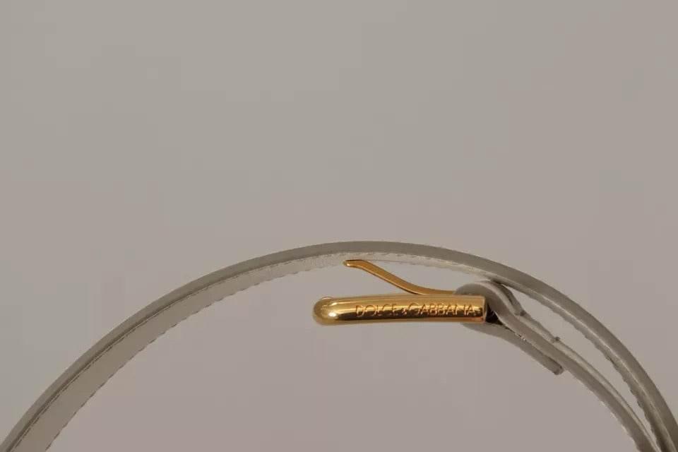 Dolce & Gabbana White Leather Gold Logo Engraved Metal Buckle Belt - Hilstor