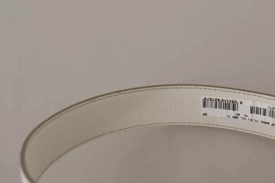 Dolce & Gabbana White Leather Gold Logo Engraved Metal Buckle Belt - Hilstor