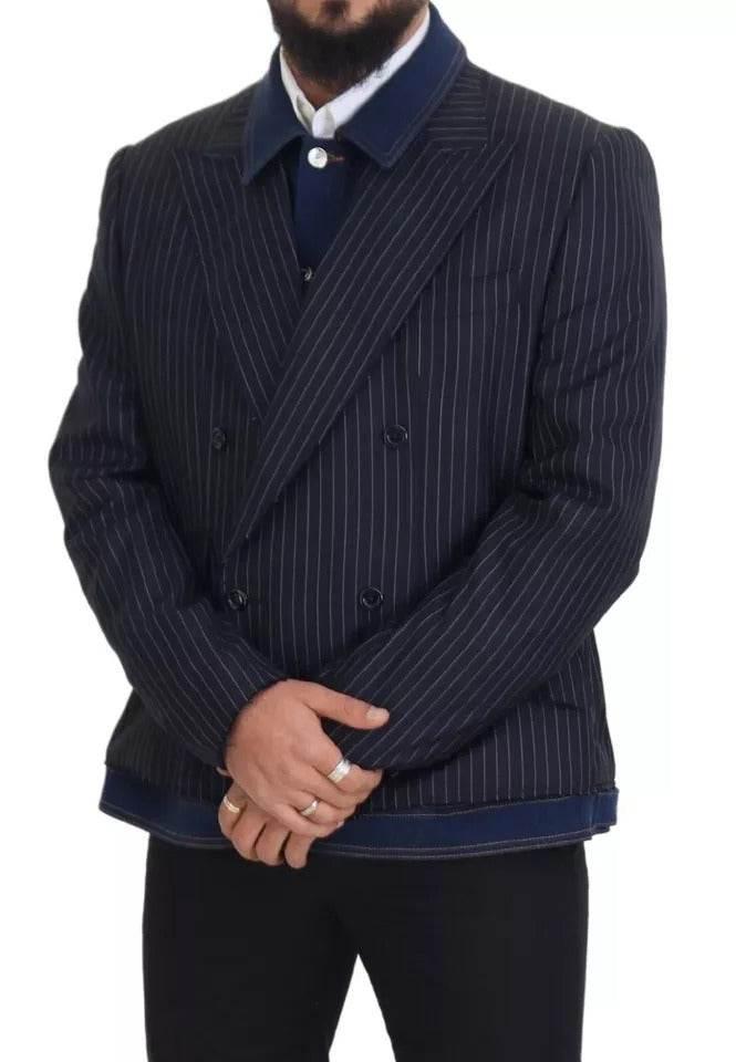 Dolce & Gabbana Blue Striped Double Breasted Denim Blazer - Hilstor