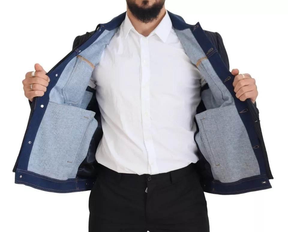 Dolce & Gabbana Blue Striped Double Breasted Denim Blazer - Hilstor