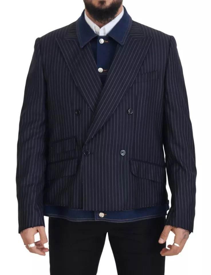 Dolce & Gabbana Blue Striped Double Breasted Denim Blazer - Hilstor