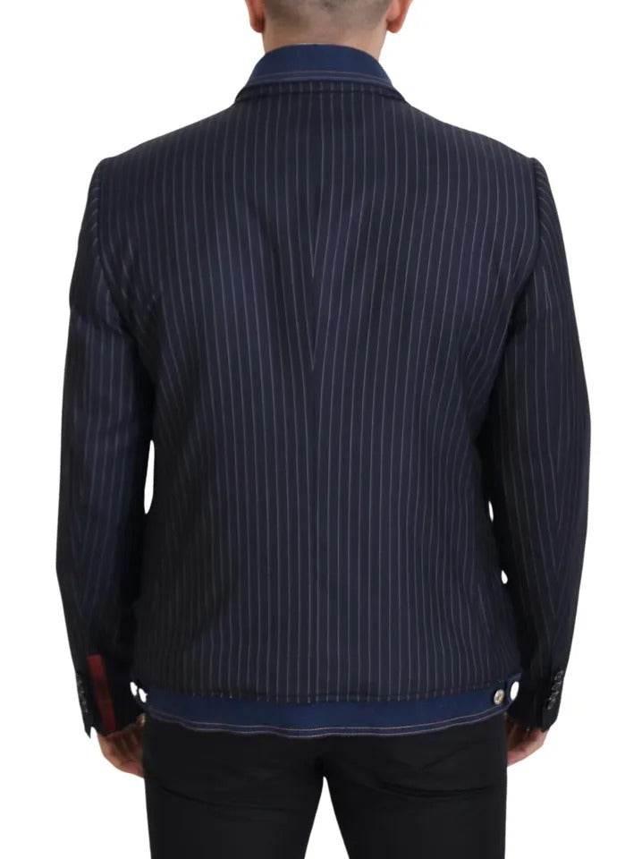 Dolce & Gabbana Blue Striped Double Breasted Denim Blazer - Hilstor