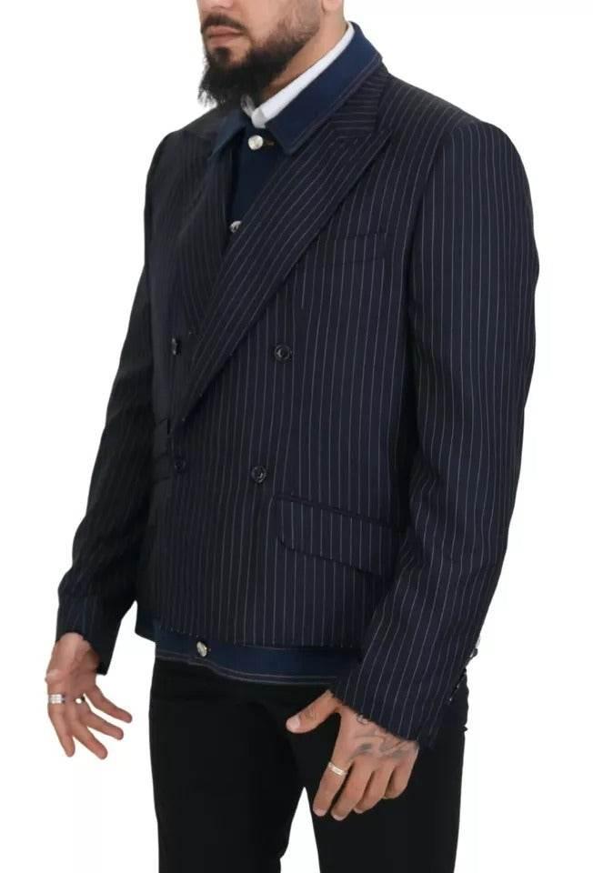 Dolce & Gabbana Blue Striped Double Breasted Denim Blazer - Hilstor